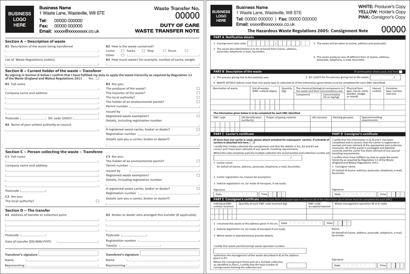 Duty of Care Forms/Notes NCR Printing NCR Pads Ltd