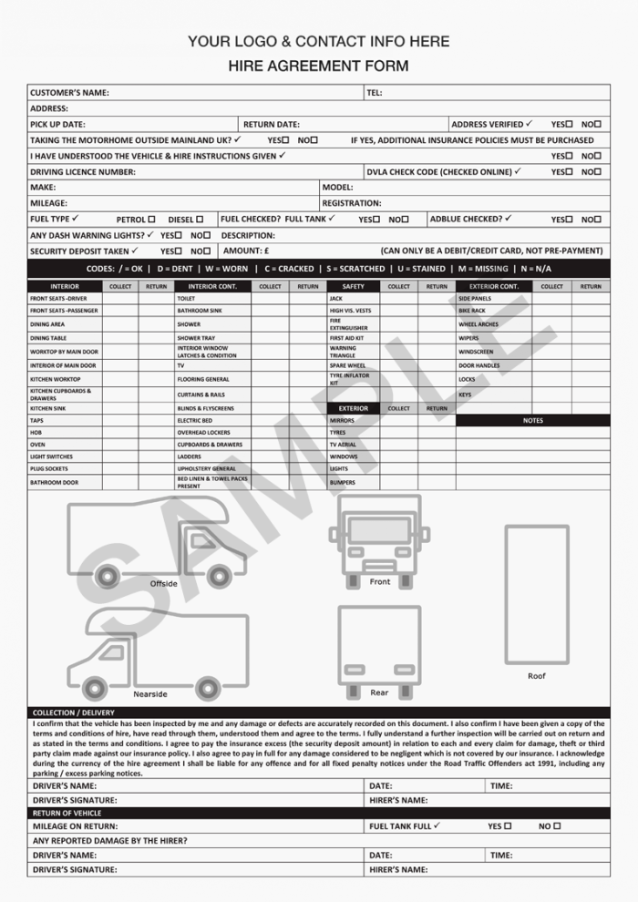 Motorhome Hire Rental Agreement Form