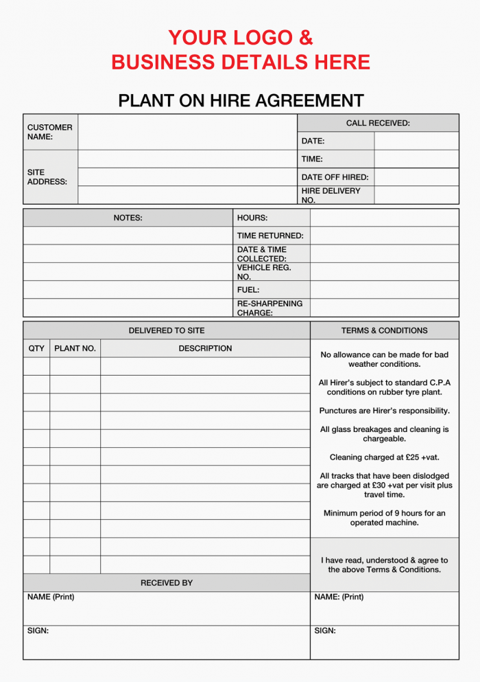 Plant On Hire Agreement Form